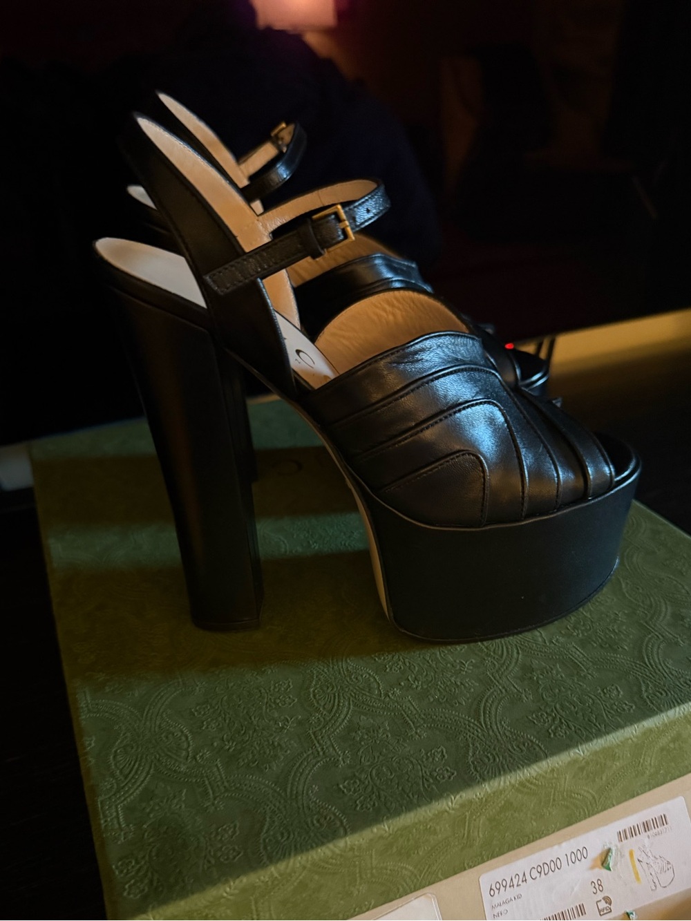 Gucci Black Leather Platform Sandals with Ankle Straps